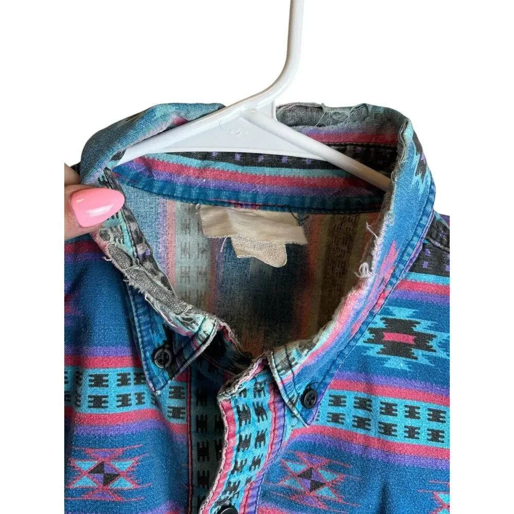 Vintage 90s Distressed Aztec Western Button Up Shirt Cowboy Embroidered XL - Picture 7 of 8